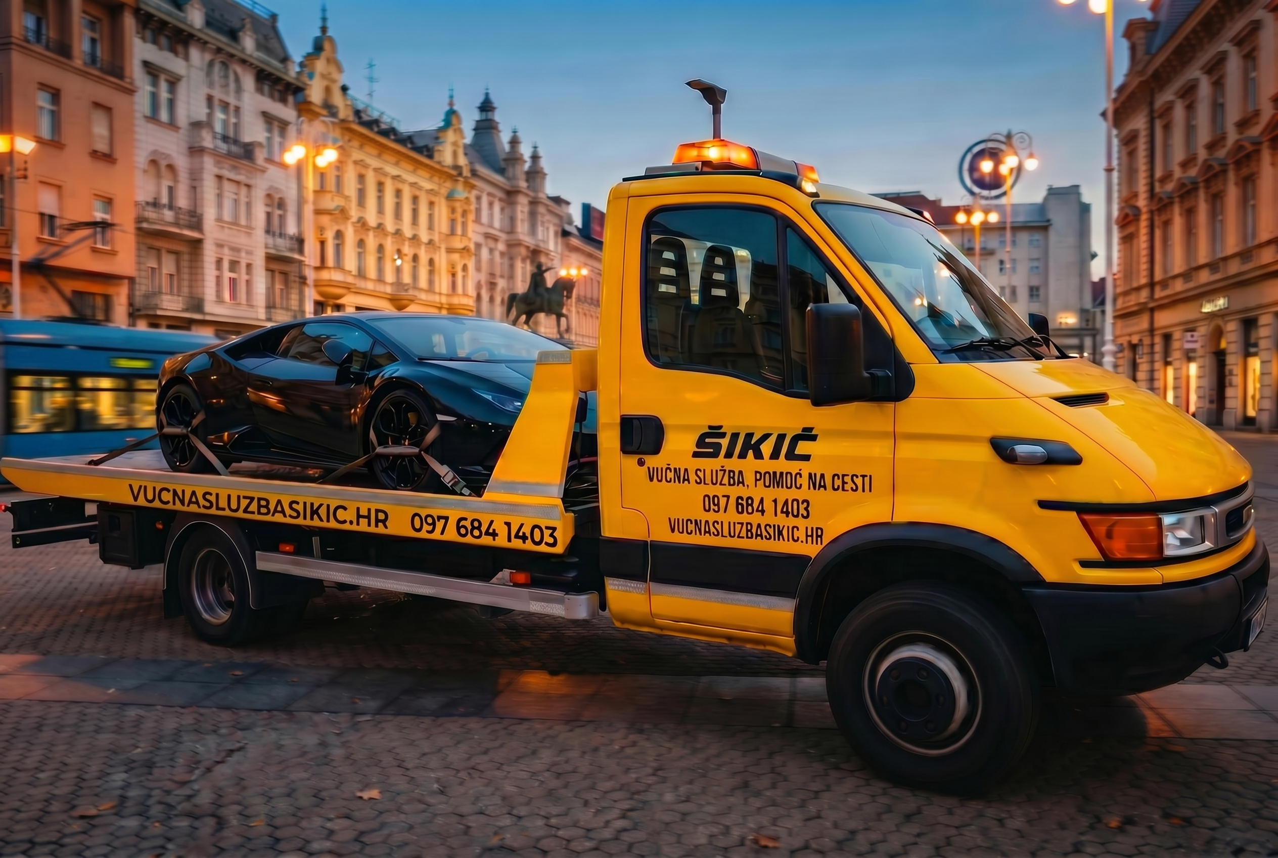 Vučna služba Šikić, žuti auto šlep s crnim Lamborghinijem na ulici u Zagrebu