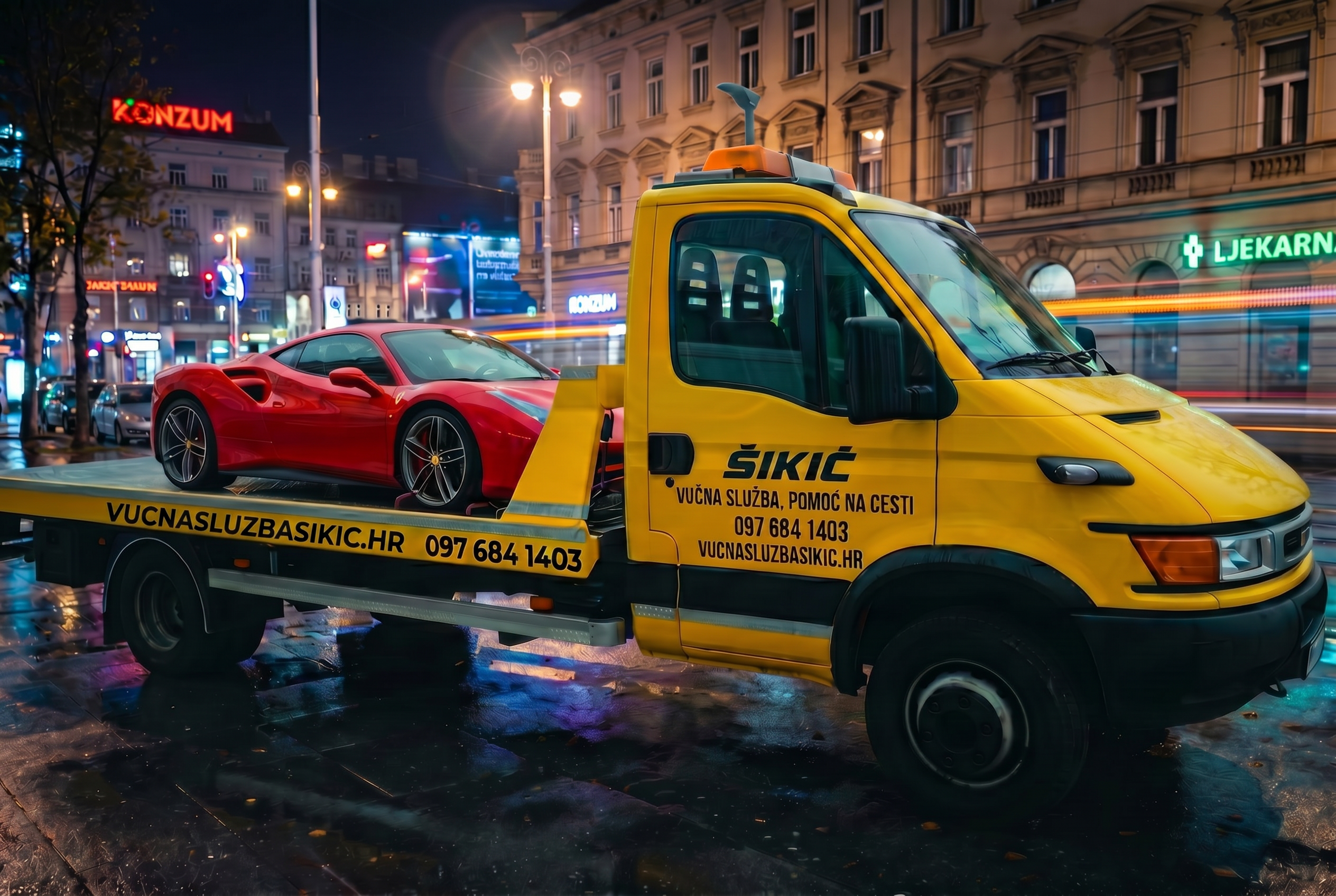 Žuti auto šlep Vučne službe Šikić prevozi automobil u Zagrebu noću, bez ljudi u kadru